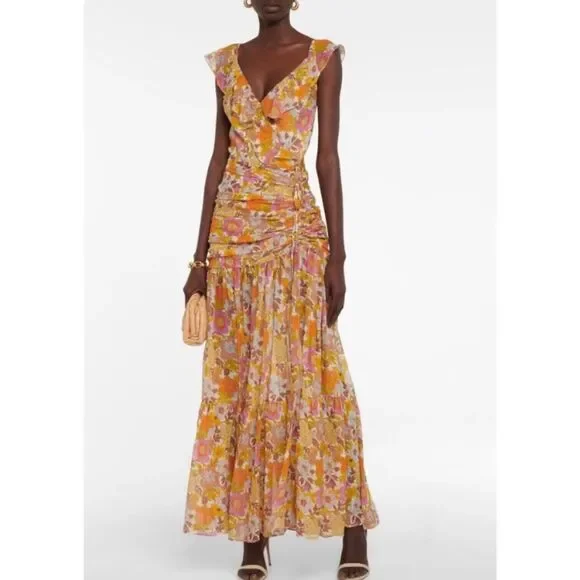 Veronica Beard Alannah Silk Floral Stone Multi Ruched Maxi Dress Size 8 - Picture 2 of 12